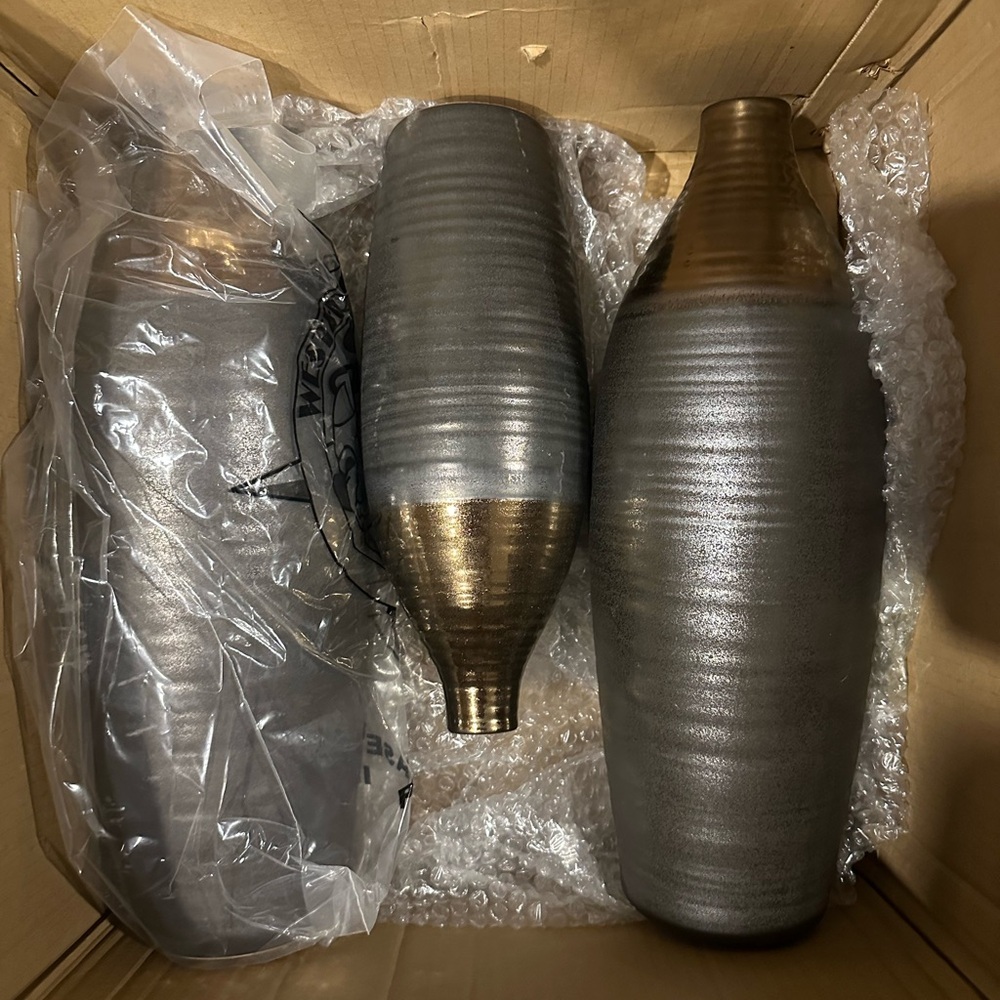 Metallic Gray and Gold Vases Set